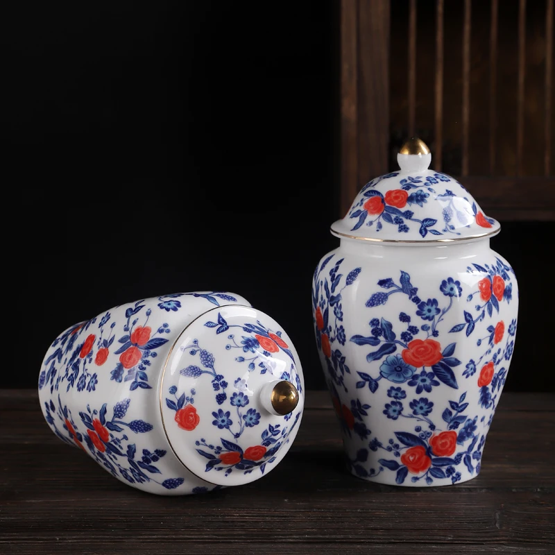 

Modern Painted Flower General Jar with Lid Gold-plated Ceramic Storage Jar Sealed Tea Jar Porcelain Crafts Porch Room Decoration