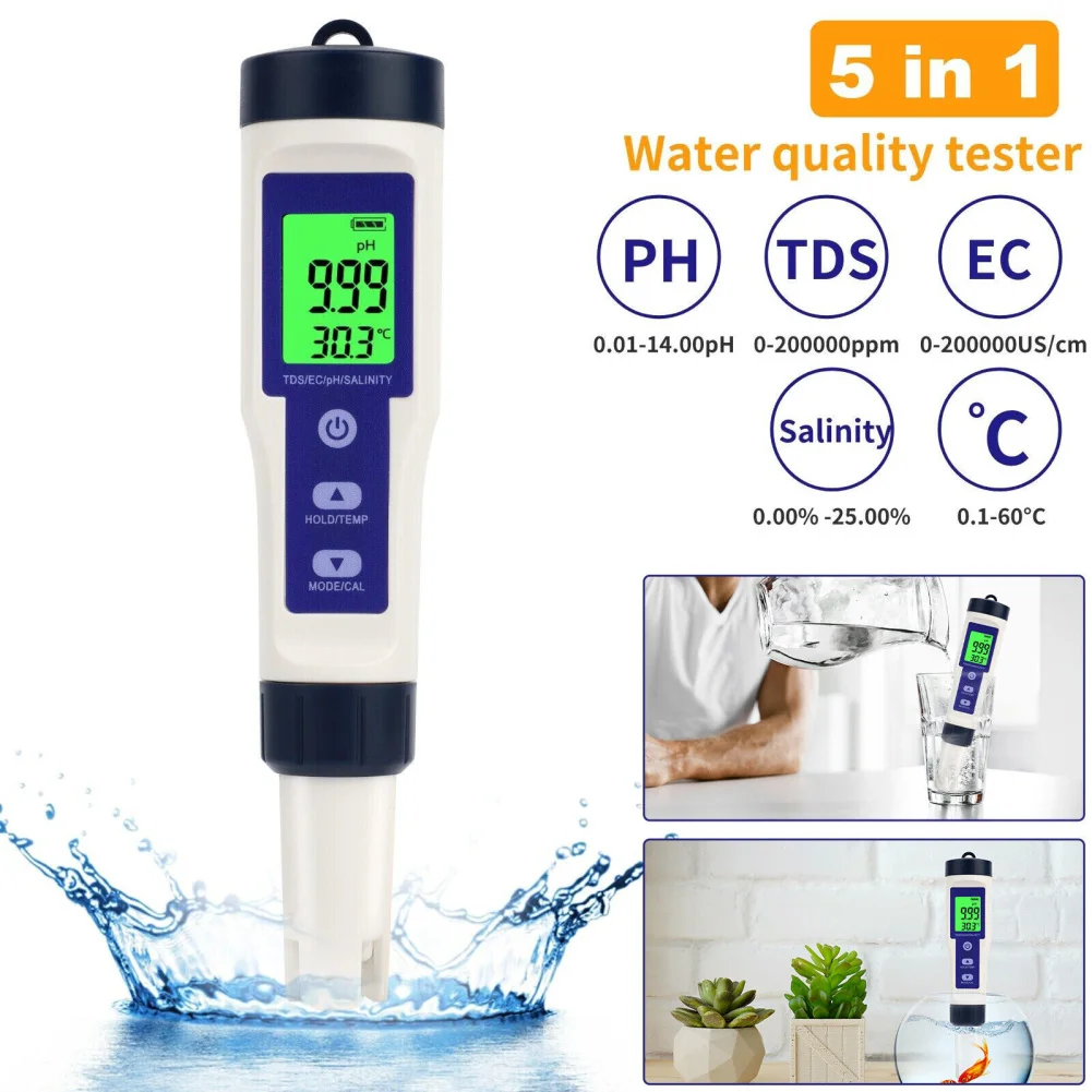 

PH Meter for Water TDS EC Salinity Temperature 5 in 1 Multifunctional High Accuracy PH Tester Waterproof Water Testing Kits