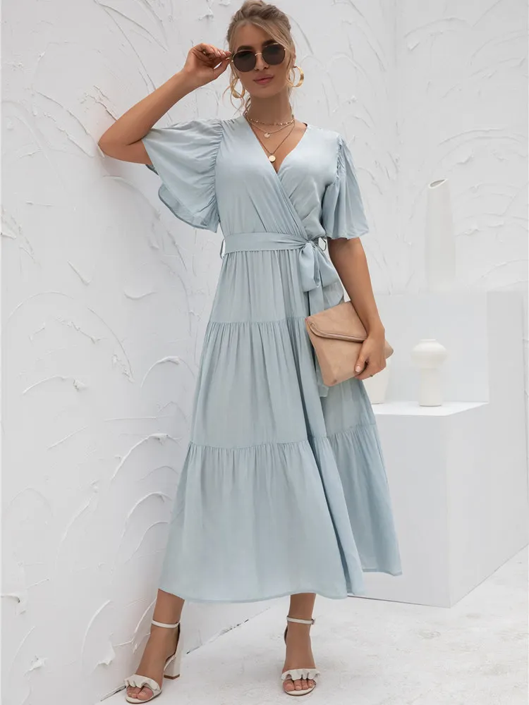 

Solid Short Sleeve Fold High Waist V Neck Temperament Female Dress 2022 New Fashion Pure Spring Summer Chic Ladies Long Dress