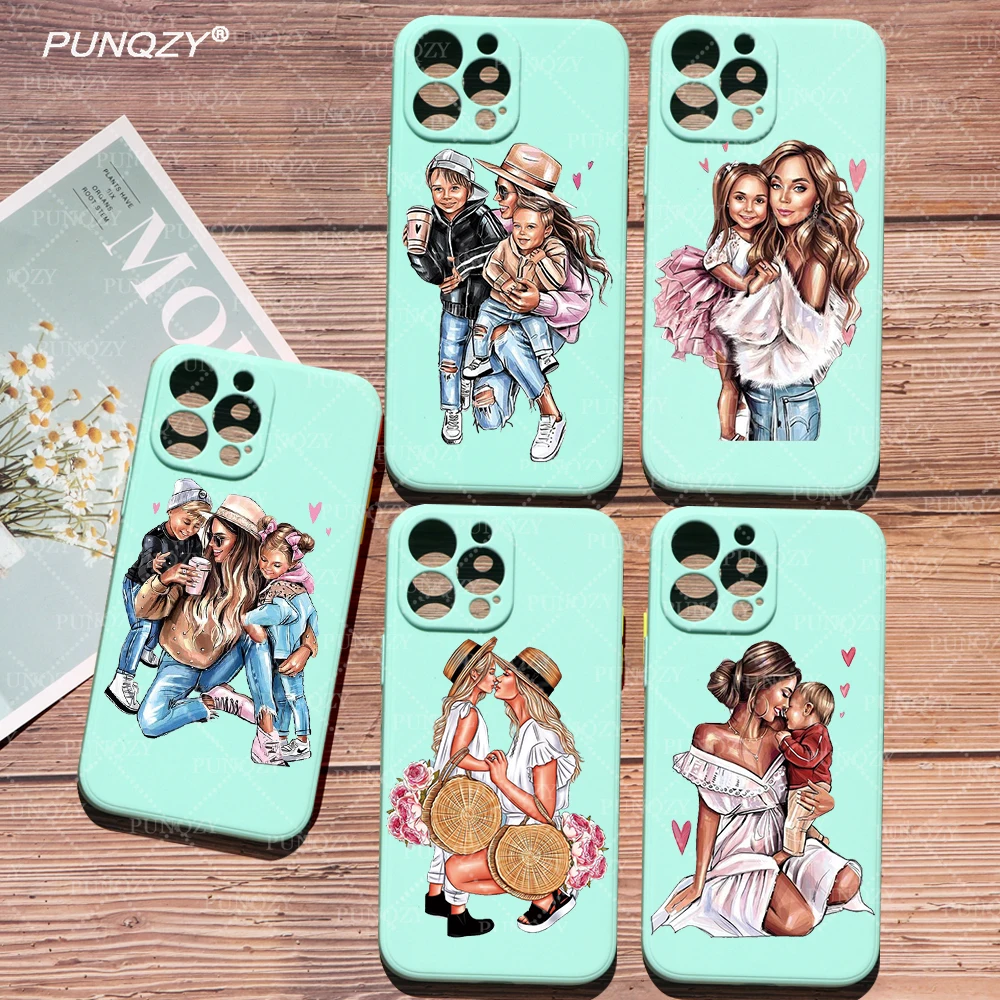 

PUNQZY Lucky MaMa Of Girl Boy Mom Baby Cute Phone Case For iPhone 11 13 12 14 PRO MAX XR 6 7 8 X XS Soft TPU Mother's Day Cover