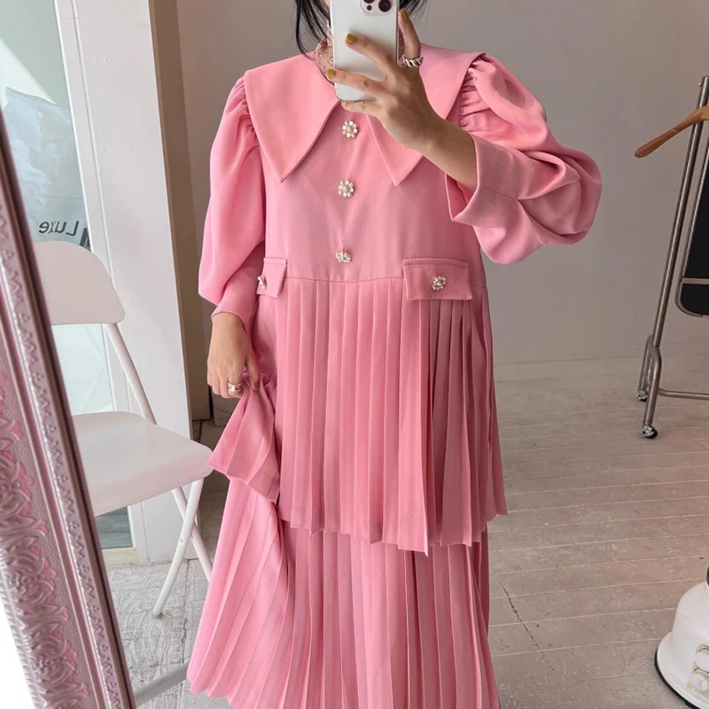 

Korean Fashion Long Dress Chic Playful Age-reducing Big Lapel Flower Button Decoration Puff Sleeve Double Pleated Dresses Female