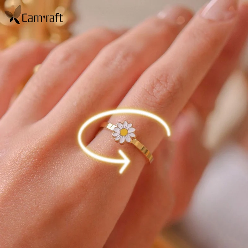 Fashion Anxiety Ring Spinner Rings Rotary Anti Stress Fidget Ring For Girls Women Adjustable Daisy flower finger ring Gift