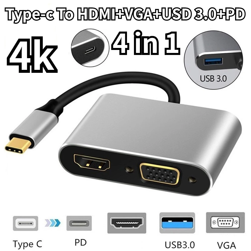 

4K Type C к HDMI-совместимый VGA USB 3,0 конвертер 4 в 1 док-станция USB C концентратор USB-адаптер кабель для телефона Macbook ноутбука