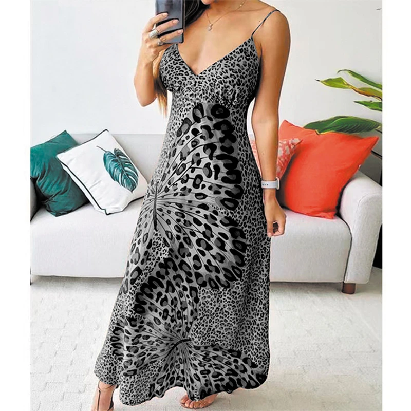 

Женское платье с леопардовым принтом, длинная юбка на бретельках с глубоким V-образным вырезом и открытой спиной, без рукавов, лето 2022