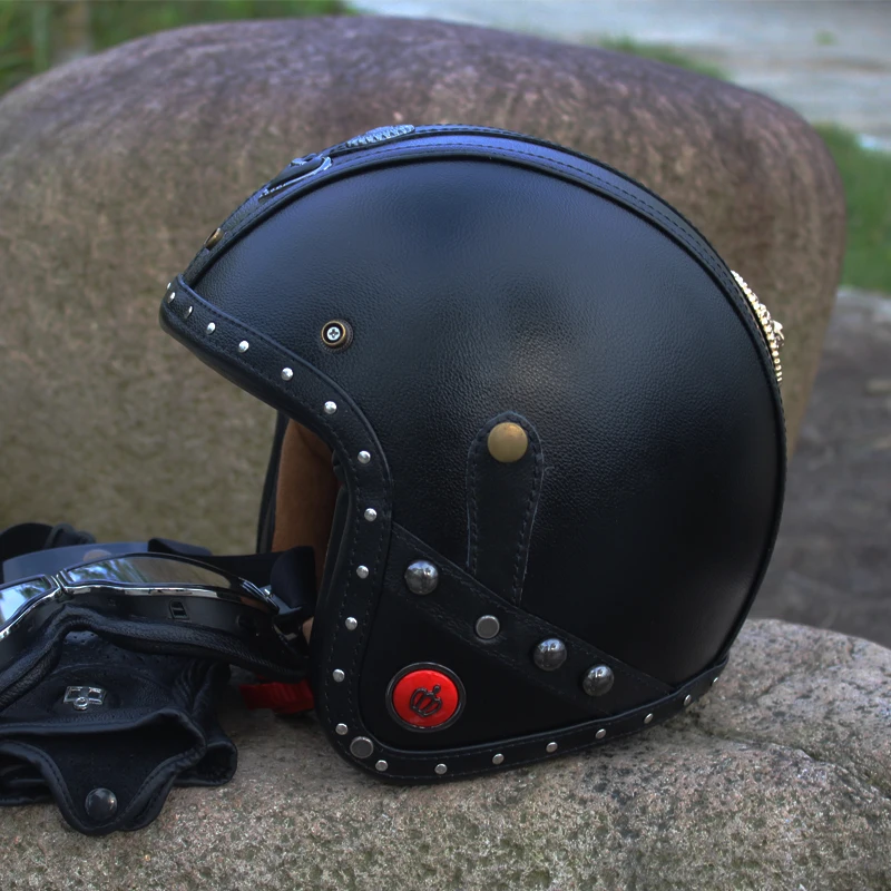 

New Synthetic Leather Motorcycle Helmet Retro Vintage Cruiser Chopper Scooter Cafe Racer Moto Helmet 3/4 Open Face Helmet