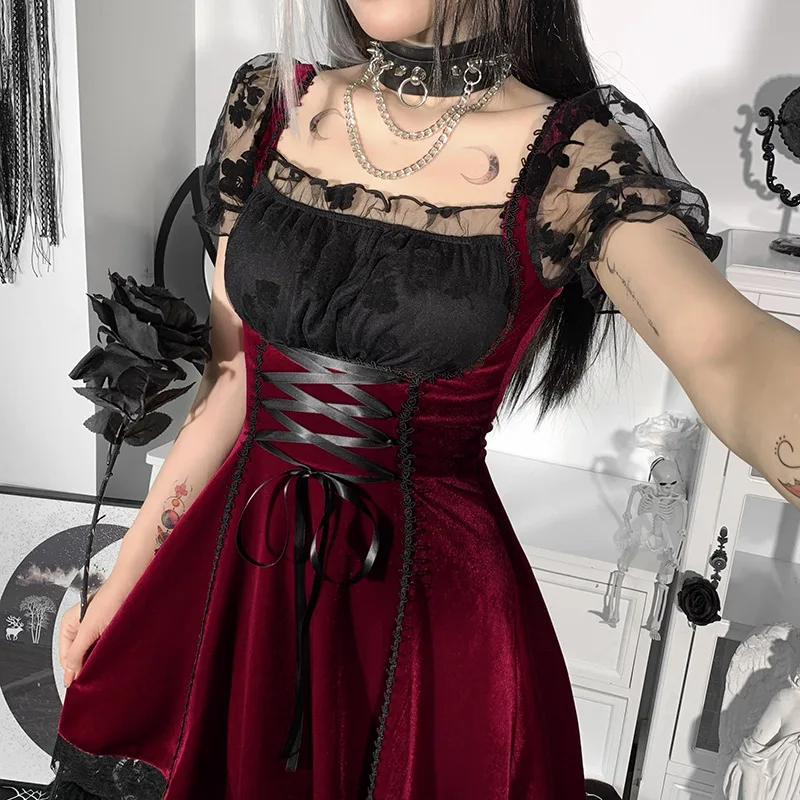 

Red Velvet&Black Floral Mesh Square Collar Short Sleeve Lace Up Waist Vintage Gothic Lolita Dress Harajuku Y2K Dresses For Women