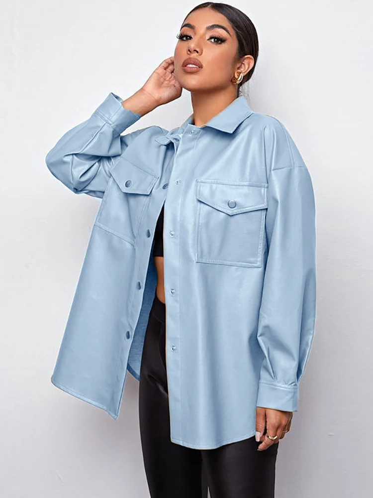 Autumn Faux Leather Shirt Jacket Women Moto Biker Jacket Casual Button Long Pu Leather Coats Ladies Loose Black Streetwear 2022