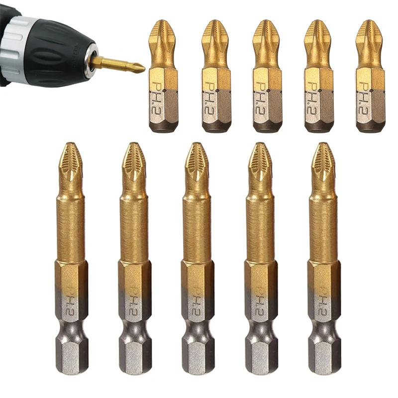 

5/10pc 1/4" Hex Shank Anti Slip Electric Screwdriver Bits Titanium Coated Screwdriver Bits PH2 Magnetic Electric Screwdriver Bit