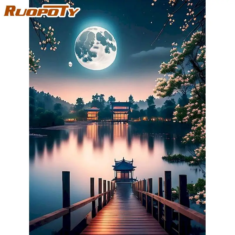 

RUOPOTY Frame 60x75cm Moonlight Landscape Painting By Numbers Kit Acrylic Diy Paint By Numbers For Home Decor Paint Artwork Gift