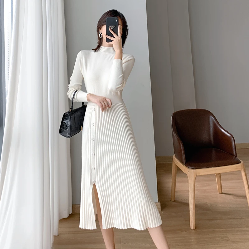 

Winter Korean Fashion Elegant Women Sweater Dress O-neck Knitting Sheath Vintage Dress Long Mid-calf A-line Office Lady Dresses