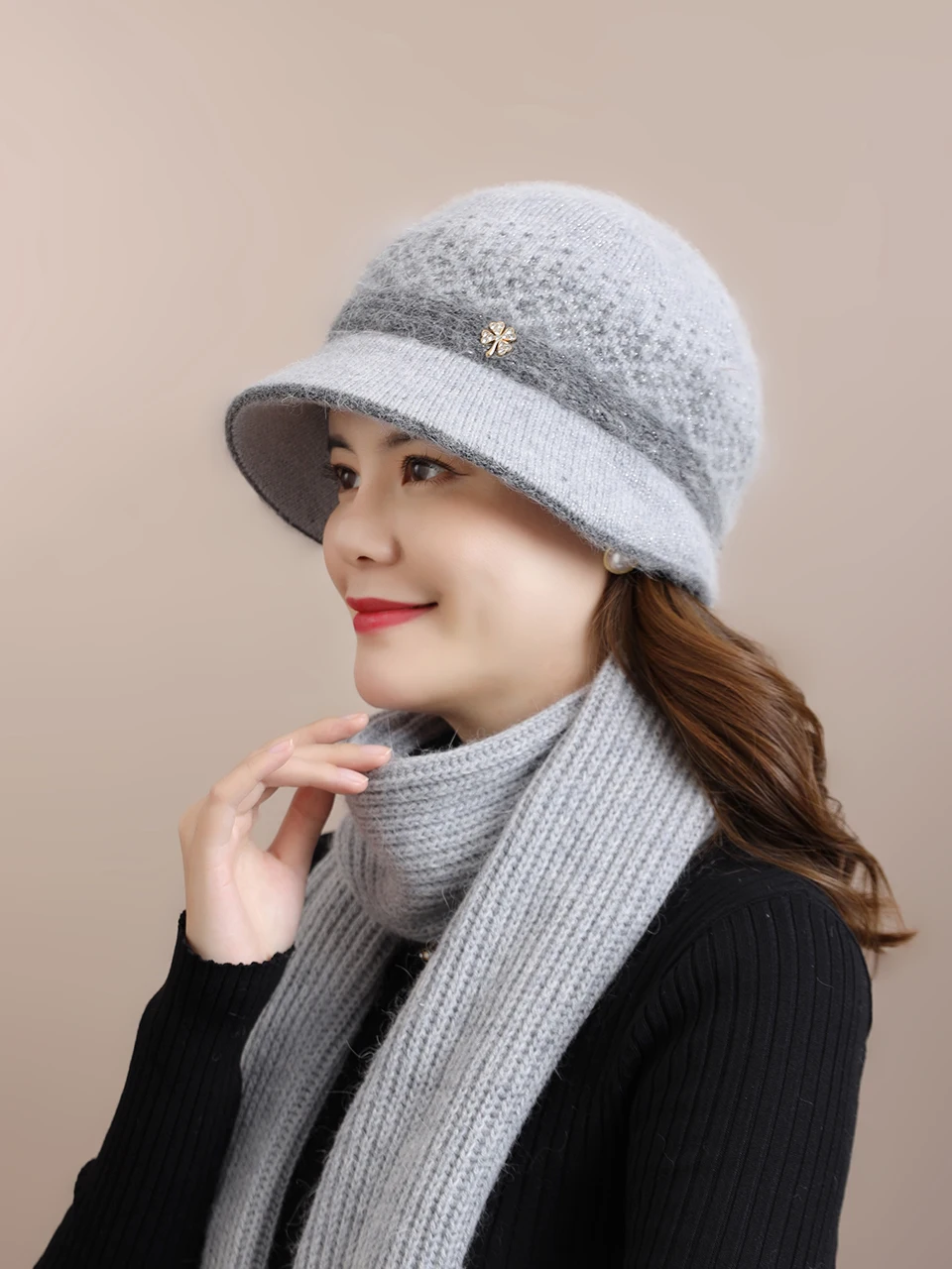 Middle-Aged and Elderly Hat Women Winter Mother Rabbit fur Fisherman Old Lady Grandma Fleece-lined Warm Woolen Cap Scarf