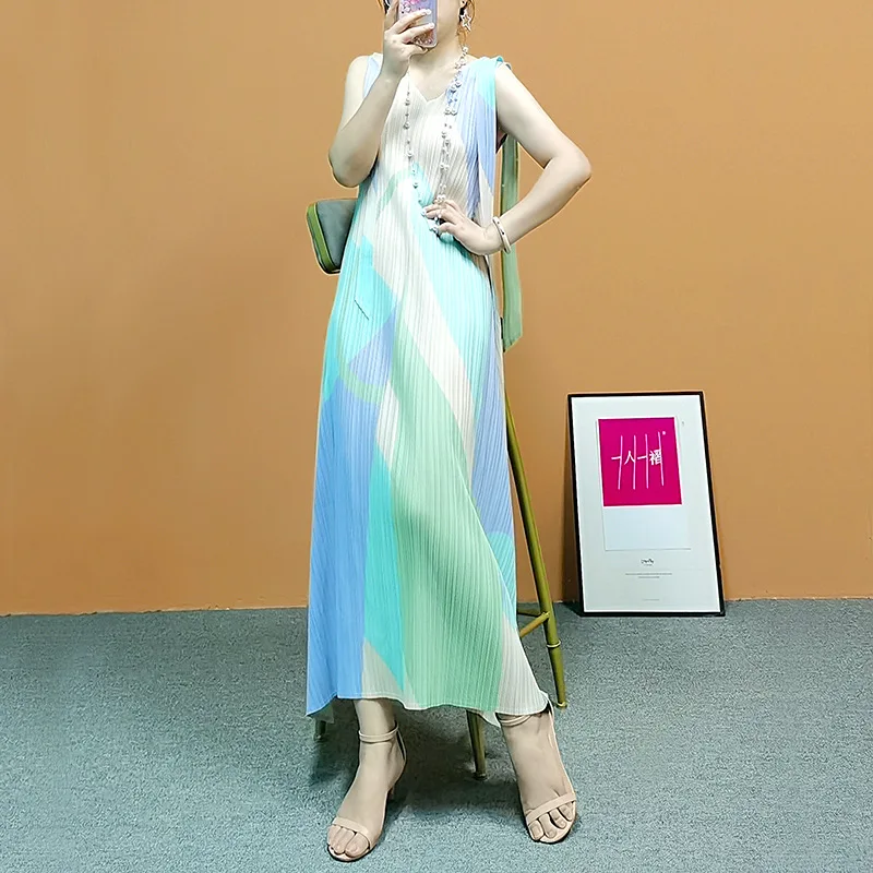 

Miyake Pleated Fairy Lady Dress Summer 2022 Printed Swing Skirt Fashion
