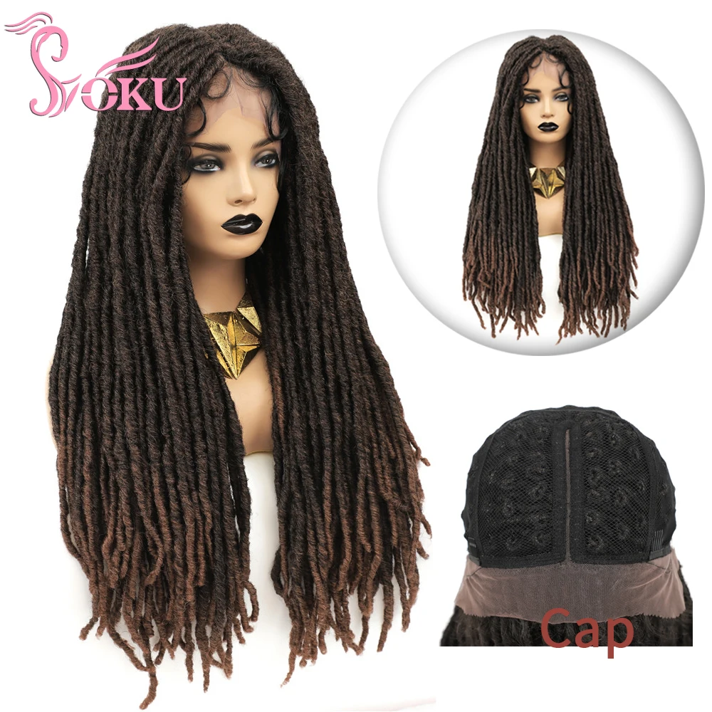 Soku Braided Lace Front Wig Faux Locs Crochet Braid Hair 28 Inches Long Dreadlock Wigs Middle Part Braids Wigs For Black Women