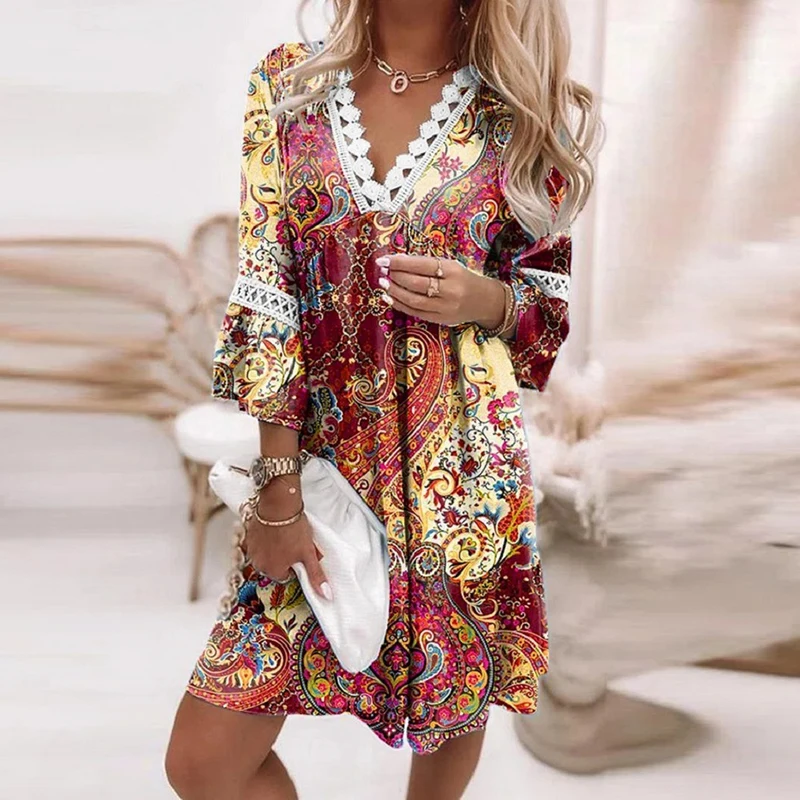Women's Boho Floral Printed Dresses Summer Lace Hollow Out 3/4 Sleeve Casual Dress Female Loose Vintage Party Dresses Vestidos