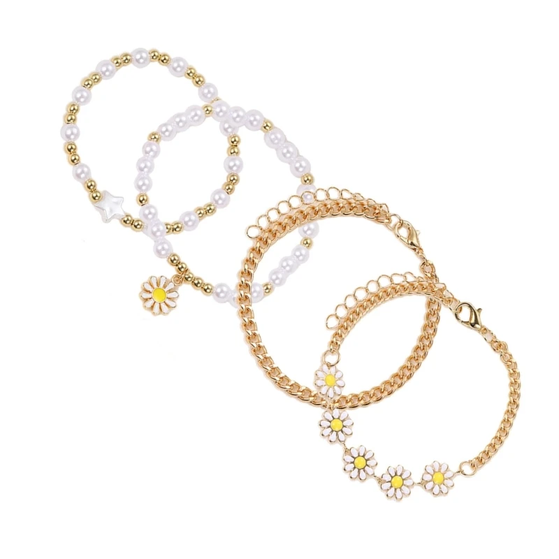 Набор браслетов из 5 шт. с подвеской в ​​виде ромашки и искусственного жемчуга