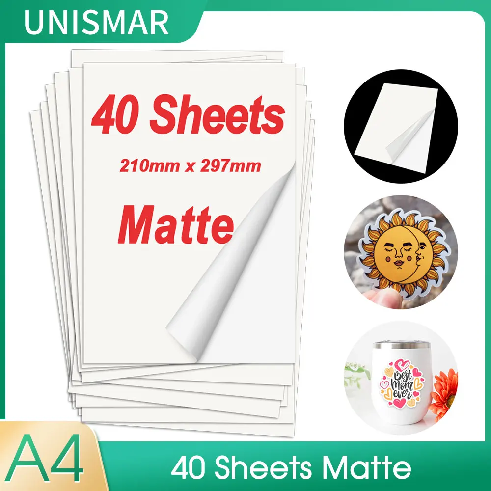 

Unismar 40 Sheets Self-adhesive Printable Vinyl Sticker Paper Waterproof A4 Matt DIY Labeling Sticker work for Inkjet Printer