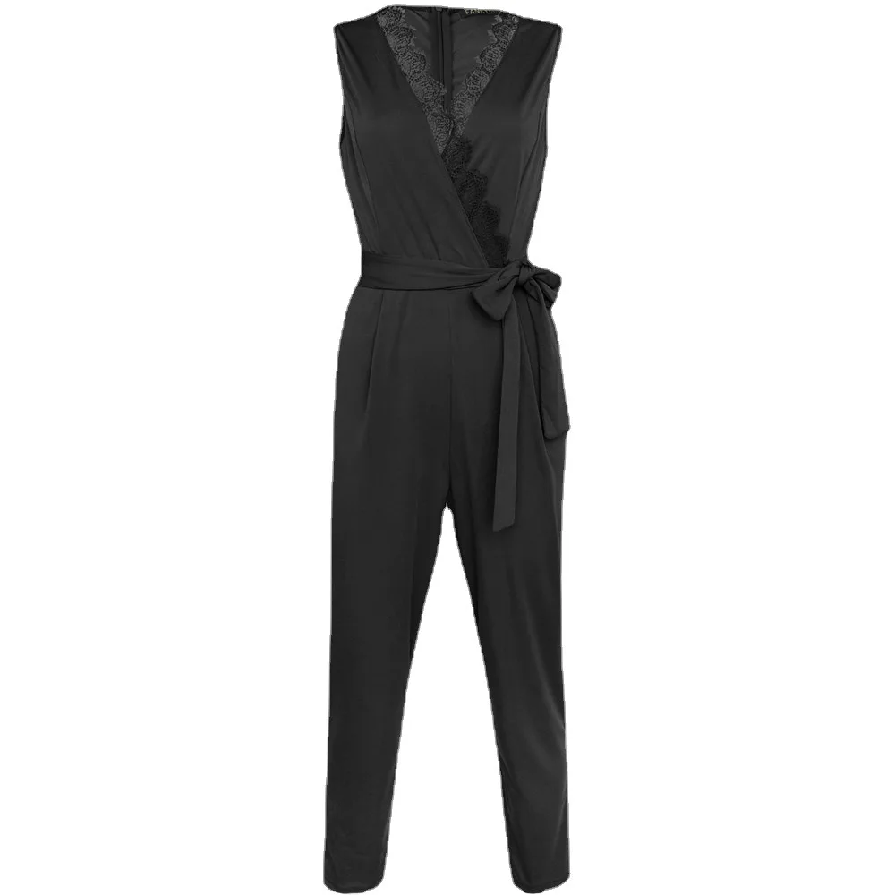 Sexy Lace-trimmed Sleeveless Tie Body Woman Jumpsuits for Women's Clothing Hot Sale Elegant V-neck 2022 Ins Summer New Pants