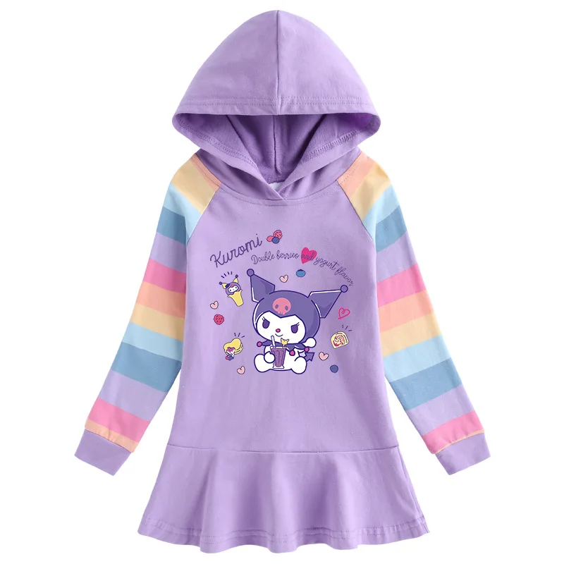 

Kawaii Sanrios Kuromi Child Autumn Girl Child Rainbow Long Sleeve Dress Cute Cartoon Cotton Hood Casual Sweater Princess Dress