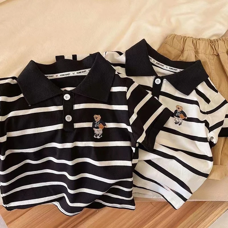 

Детская летняя детская хлопковая футболка с коротким рукавом Корейская версия для мальчиков полосатая рубашка-поло детская одежда