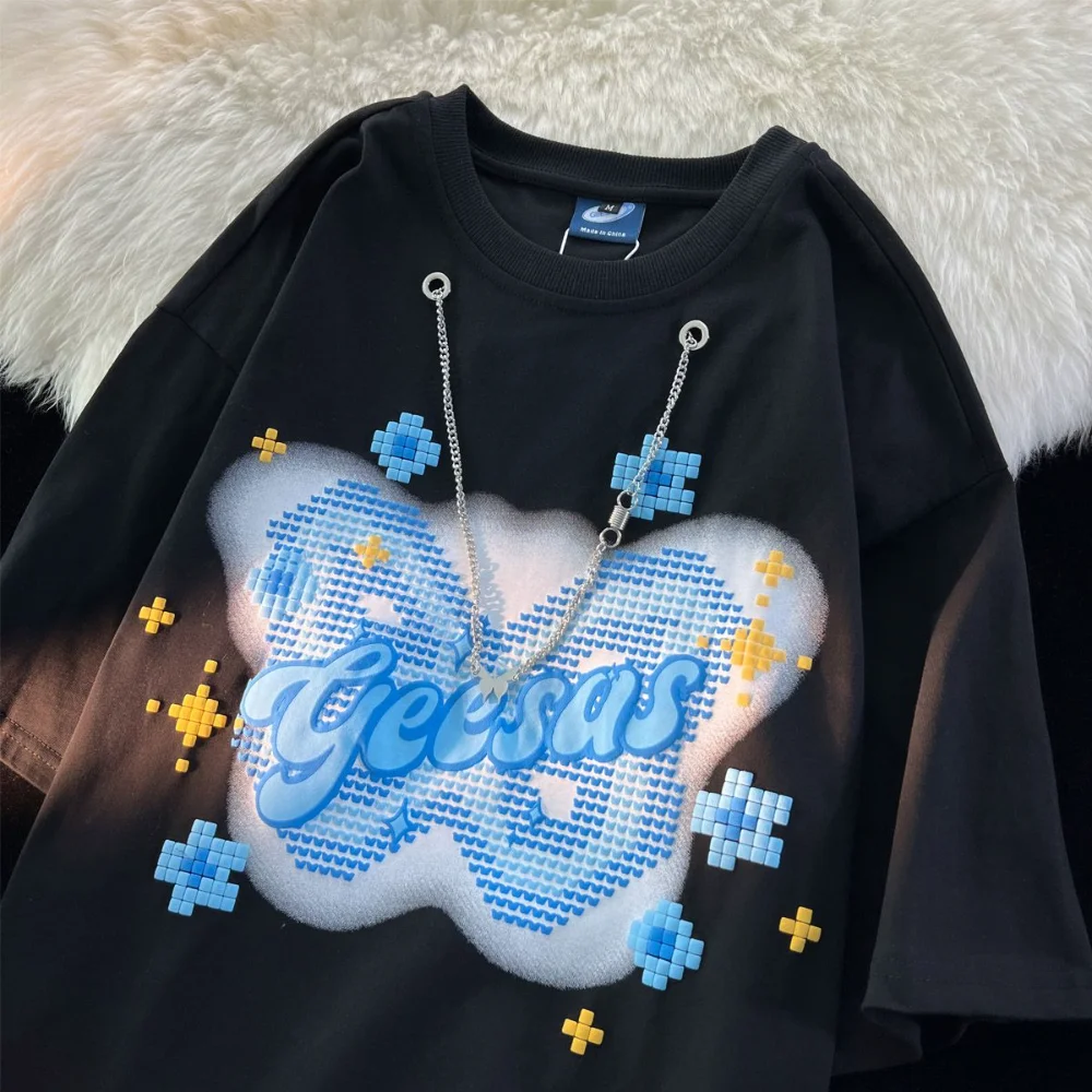 

Y2k Gothic ChainButterfly Print White Black Oversized T Shirt Women Men Short Sleeve Korean Japanese Harajuku Tshirt Summer 2023