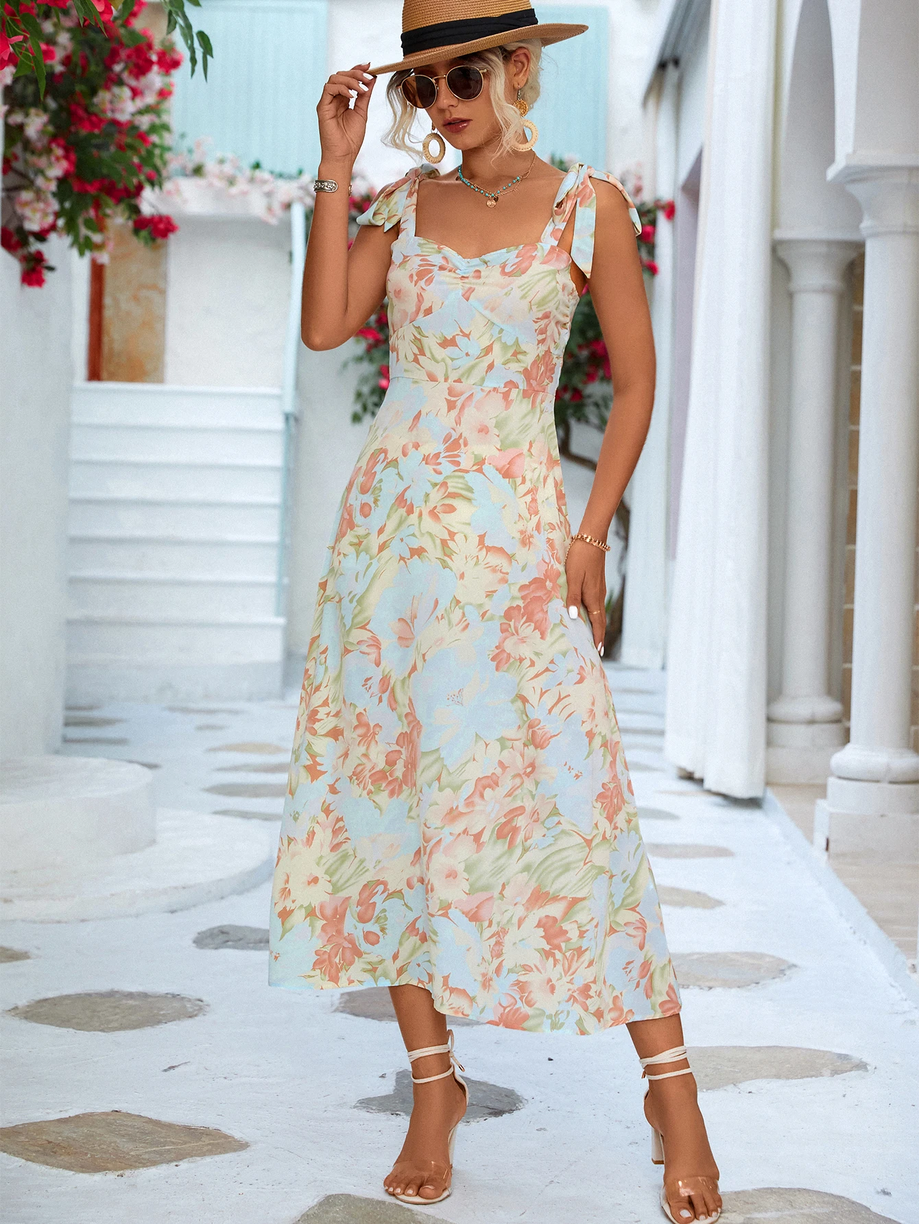 

Chifirena Summer Long Dress Floral Print Blue Casual Dresses Elegant Strapless 2023 Apricot Sundress Vacation Clothes For Women