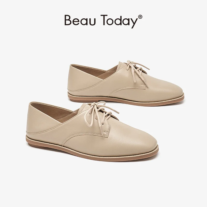 

Flats Women Lace-Up Wingtip Slip On Round Toe Genuine Leather Casual Outdoor Spring Ladies Penny Shoes Handmade 21367