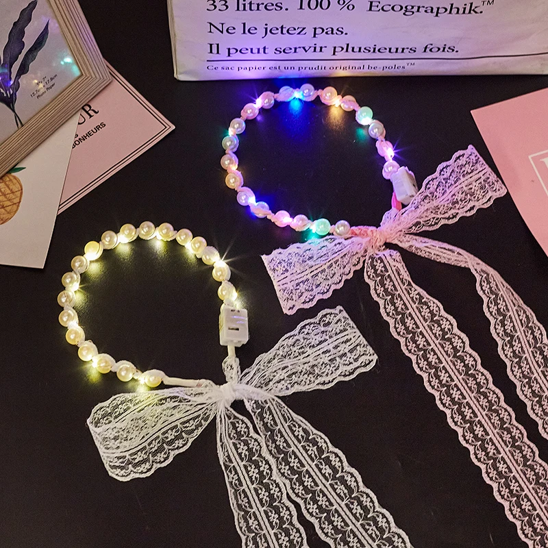 

Color-changing LED Pearl Lace Ribbon Headband Luminous Veil Flashing Colorful Glow Wedding Hair Band Pearl Band Headdress