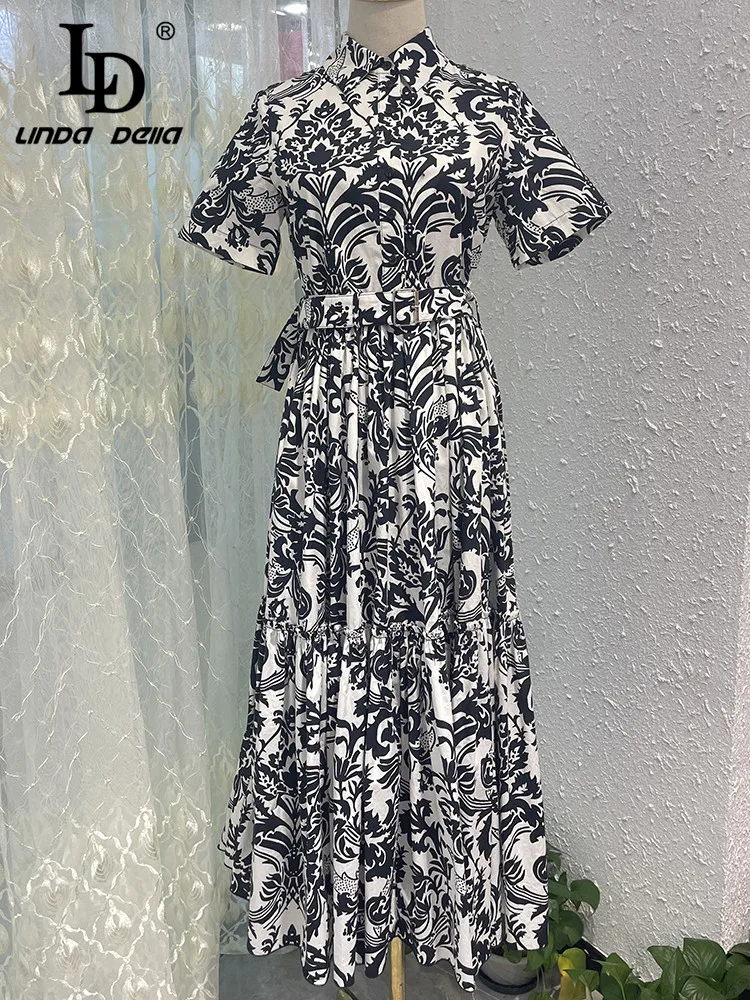 

LD LINDA DELLA Fashion Runway Summer Dress Women's Turn-down Collar Single-breasted Belted Black Printed Long Party Dress
