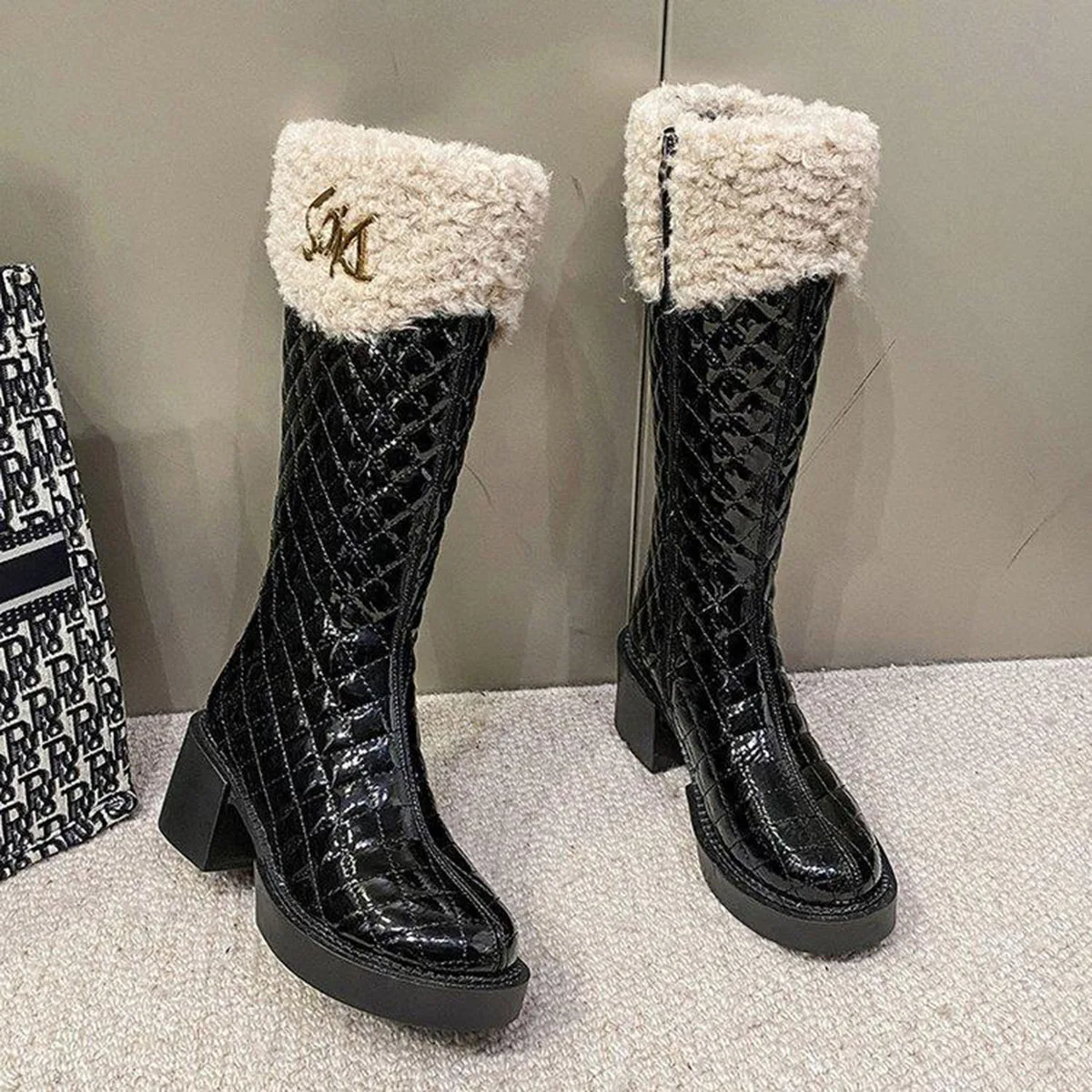 

Women's Boots Black Round Head Patent Leather High Heel Medium Boots Women's Shoes Plush Platform Thick Heel Female Casual Boots
