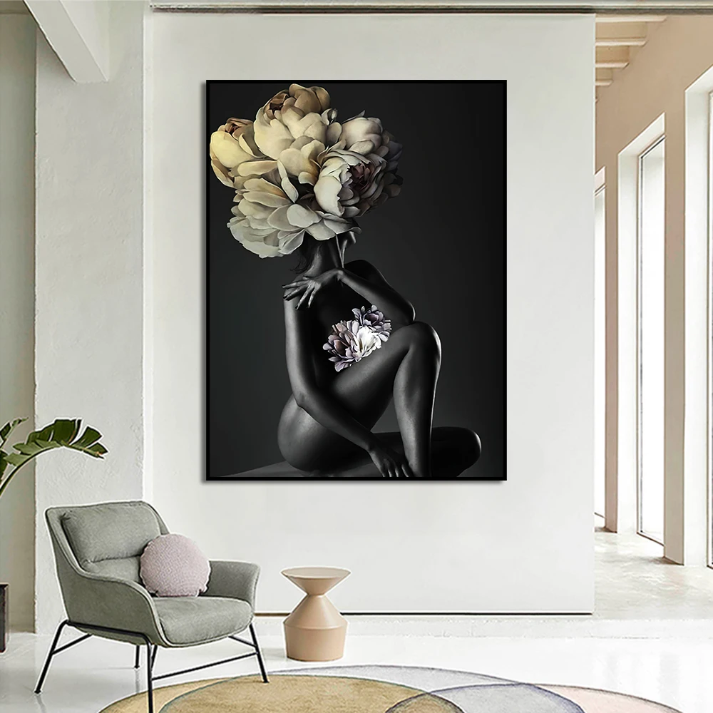 

African Black Woman Modern Art Canvas Painting Posters and Prints Girls And Flowers Wall Art Pictures For Living Room Home Decor