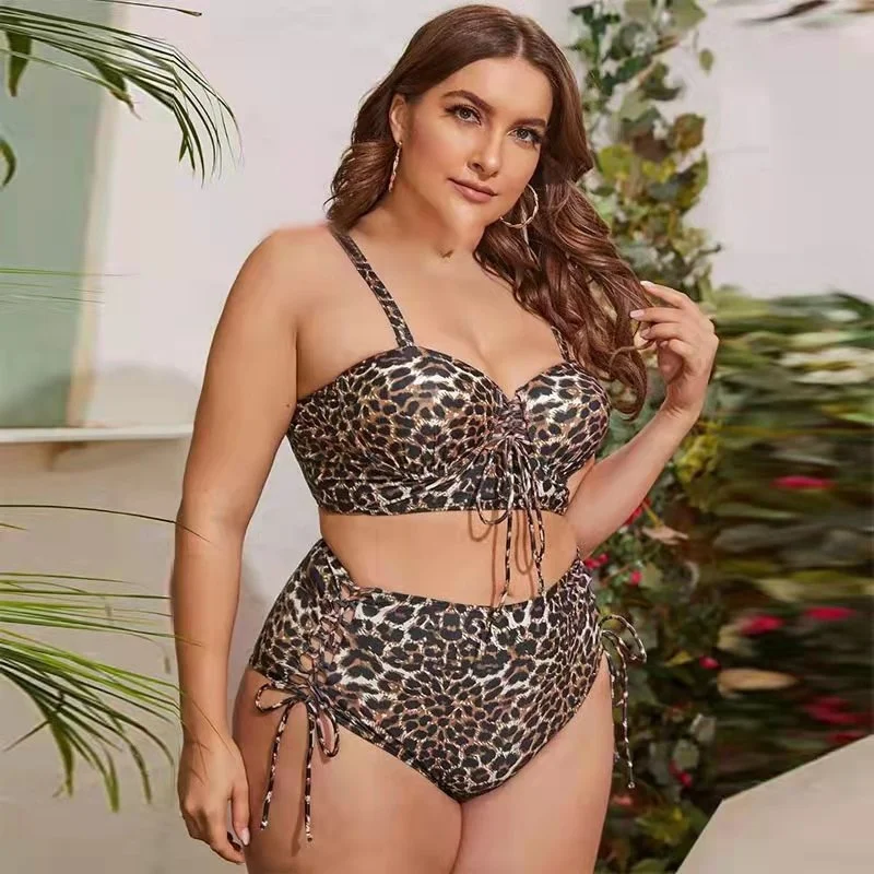 2022 Big Plus Size Swimswear Fat Lady Woman Two Piece Leopard Print Beachwear Hard Bag High Waist Drawstring Gathering Swimsuit