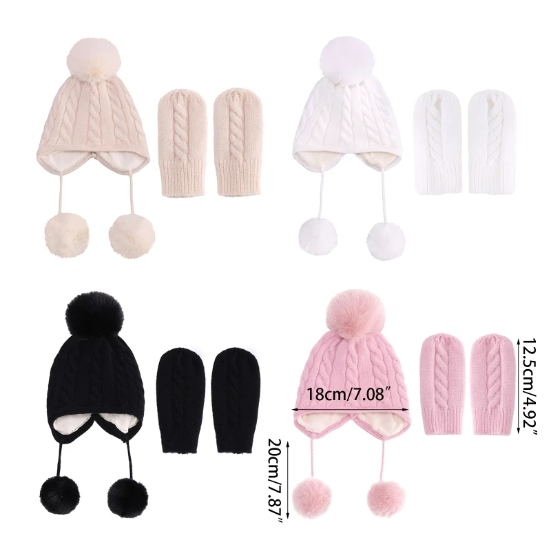 Kids Knitted Hat Warm Gloves for 0-3 Years Boys Girls Ear Flap Snow Caps No Scratch Mittens Winter Pompoms Beanie Caps images - 6