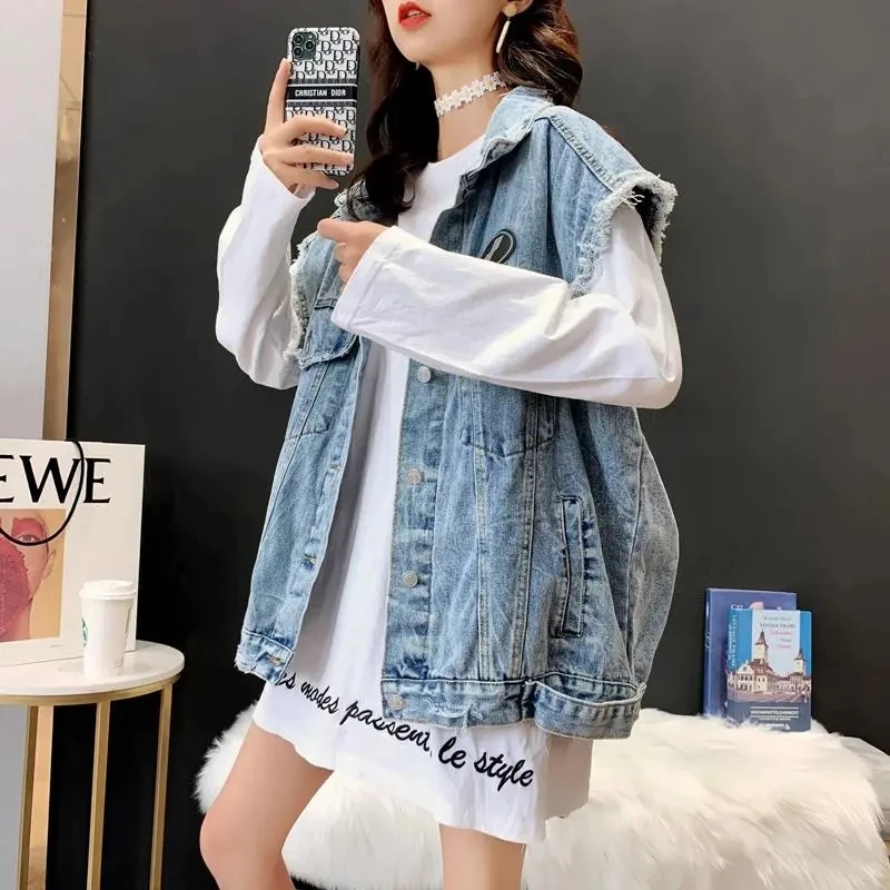 Куртка женская джинсовая без рукавов модный жилет в Корейском стиле