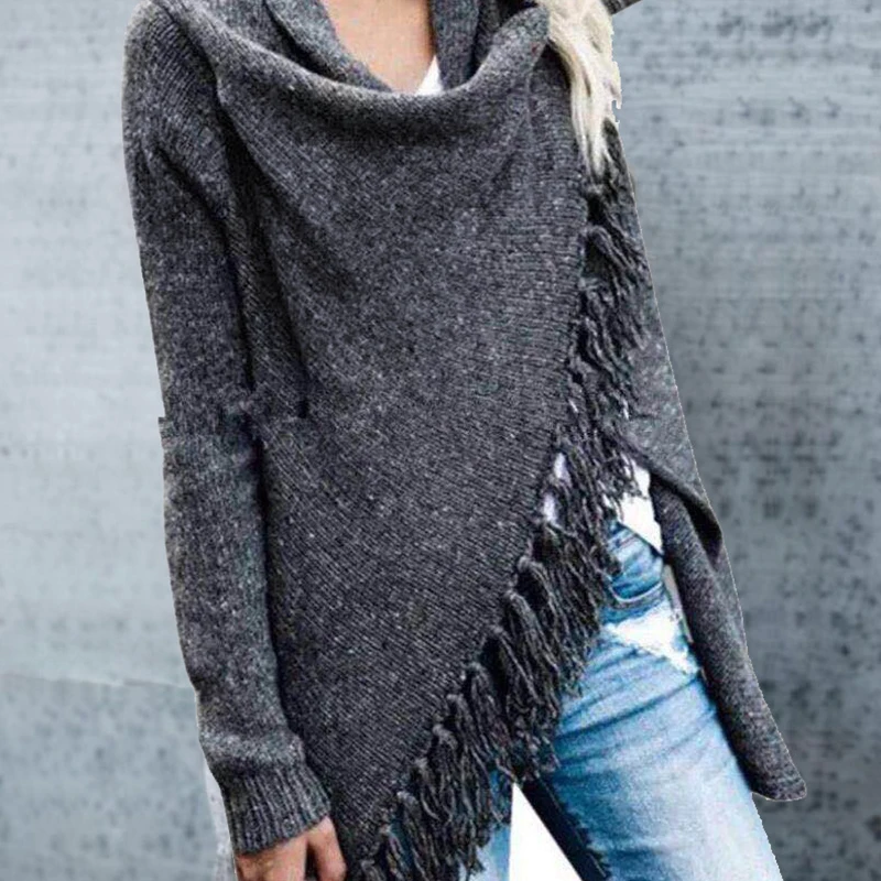 

Женская куртка с бахромой, свитер с вырезом лодочкой, облегающее модное косые пальто средней длины, свитер