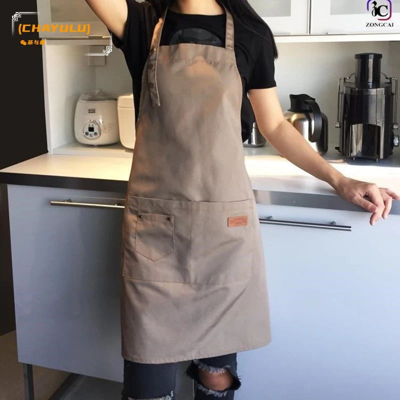 

(CHAYULU) Adult Bib Apron with 2 Waist Pockets New Solid Color Kitchen Chef Waiter Waterproof and Oil-proof Apron 74.5*67*29cm