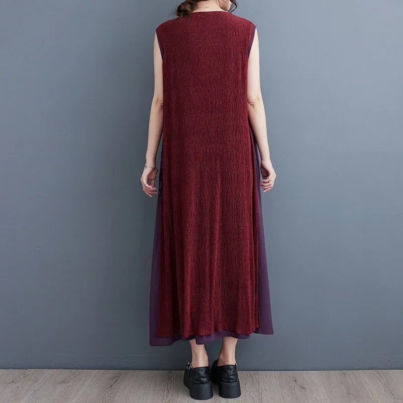 Женское разноцветное свободное платье без рукавов с круглым вырезом модное