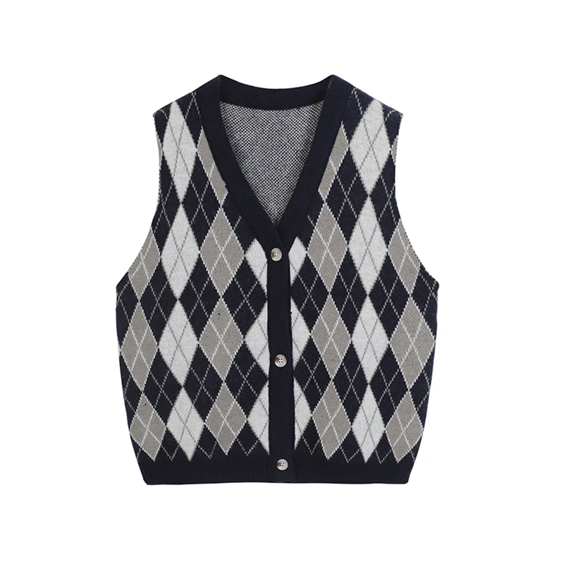 

Vintage Lingge V Neck Vest Women's Clothing Sweater Fashion Outerwear Single-breasted Sleeveless Winter Cardigan Knitting Tops