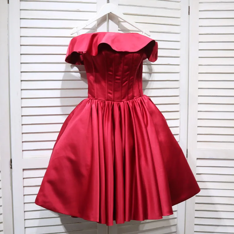 

Red Party Dress Off the Should Ruffles Short Sleeves Satin Shiny A-line Tea-length Classic Plus size Lace up Prom Dresses C1686