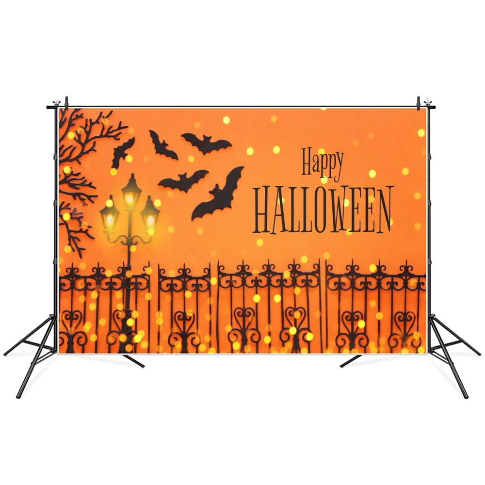 

Light Bokeh Bat Lantern Fence Happy Halloween Photography Backgrounds Custom Orange Banner Baby Party Decoration Photo Backdrops