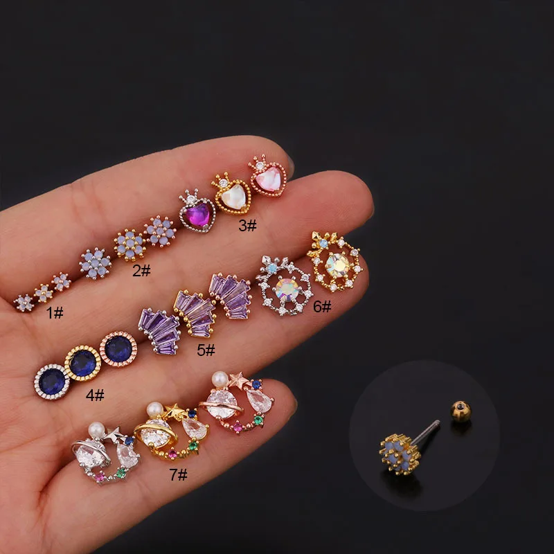 

1Pc Creative Fashion Colorful CZ Cartilage Stud Earrings Women Crown Flower Heart Shape Helix Tragus Ear Piercing Jewelry Aretes