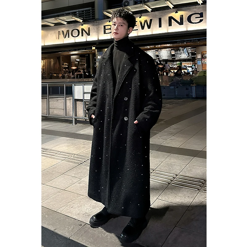 Shiny thick trench coat chic sequin autumn winter men's warm woolen casual double breasted long overknee