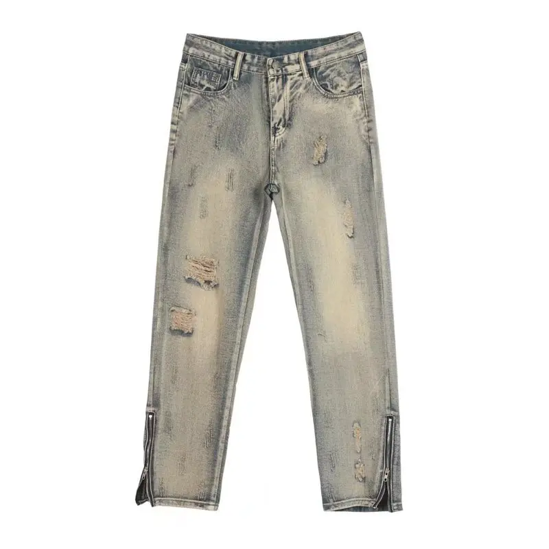 Men's Clothing Ripped Blue Jeans Zip-up Men's Jeans Hip Hop Streetwear Men's Jeans Aesthetic Y2k Men's Jeans Streetwear Men