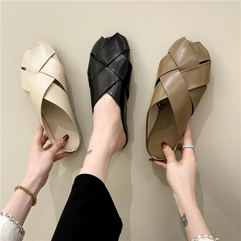 

Shoes Women Female Slippers Slides Cover Toe Loafers Fashion Soft 2022 Flat Luxury Rubber PU Fretwork Basic Loafers Female Shoe