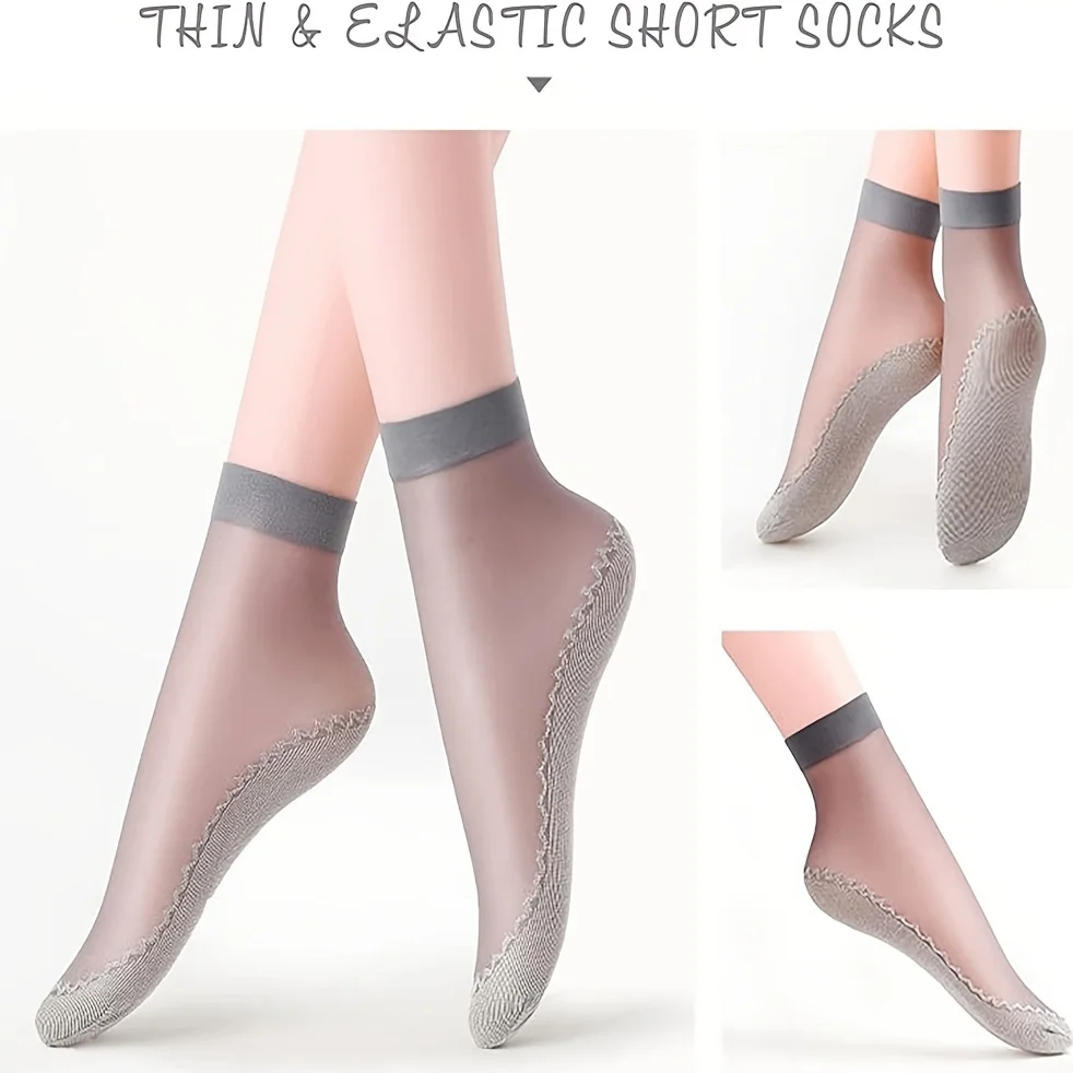 20Pcs=10Pairs Women Socks Transparent Breathable Summer Thin Soft Silk Socks Non-Slip Bottom Splice Fashion Ladies Sox for Girls