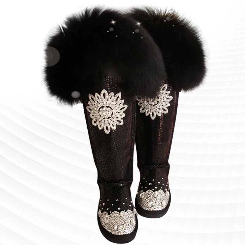 

Fur integrated black fur sequins knee boots winter comfortable and warm handmade sequins plus velvet thickening 35-44