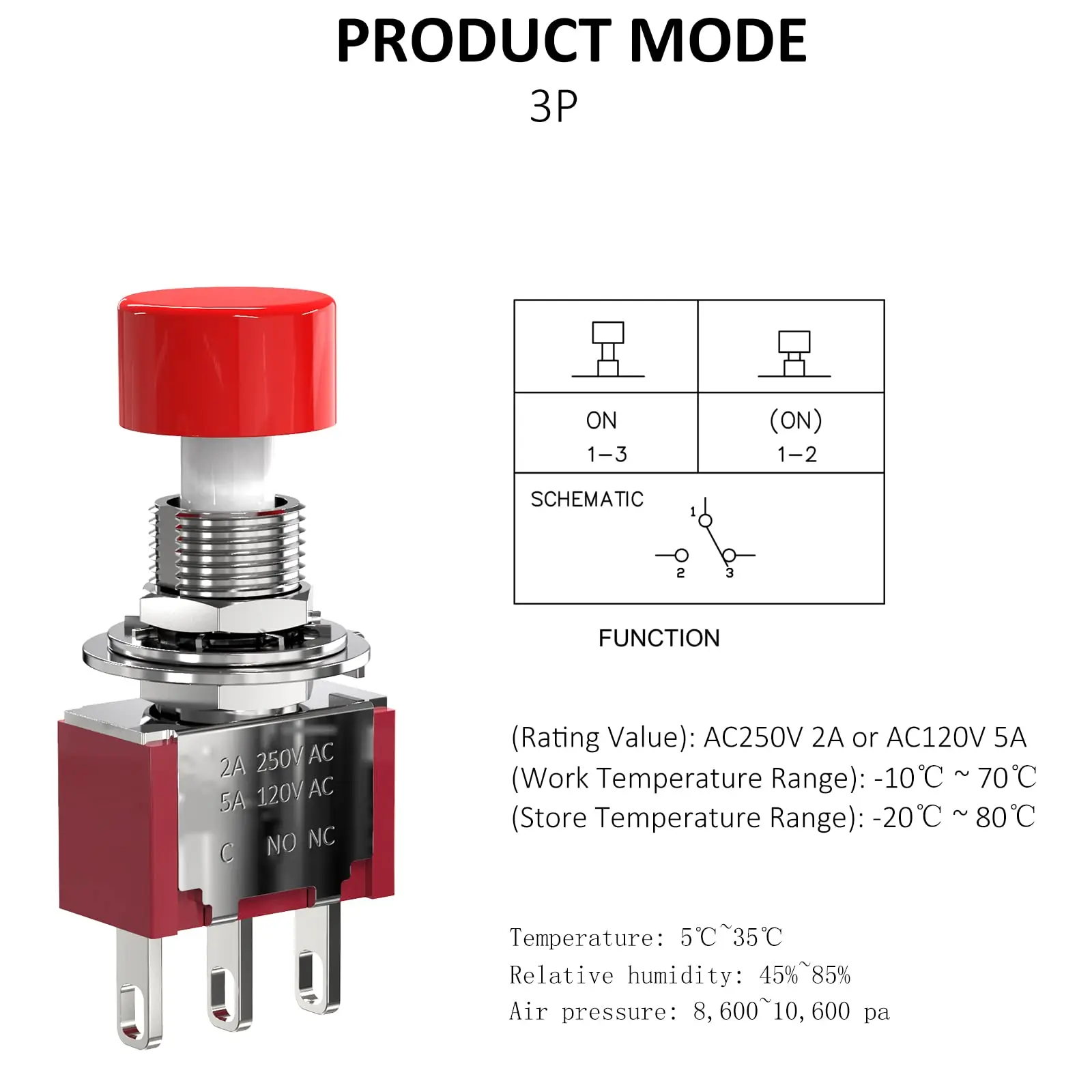 5 шт. AC 2A/250V 5A/120V 3-контактный Мгновенный кнопочный переключатель NO NC с красной