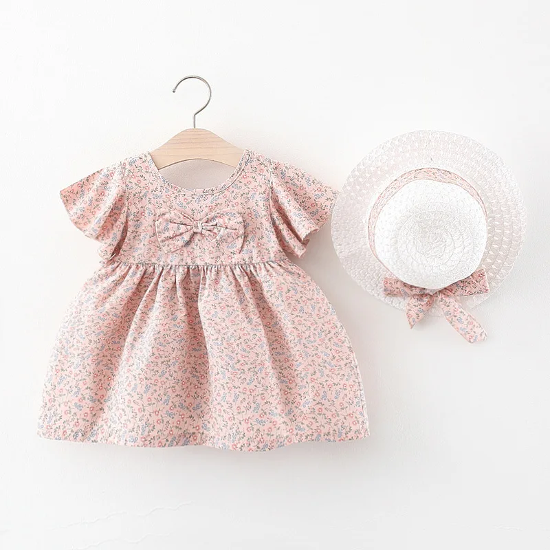 

2PCS Summer Toddler Girl Clothes Set Cute Bow Flowers Short Sleeve Newborn Baby Dresses Little Princess Dress+Sunhat
