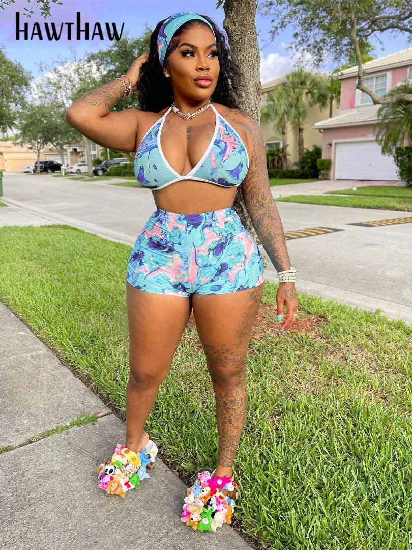 

Hawthaw Women 2022 Summer Bra Tank Tops Shorts Pants Beach Vacation Two Piece Sets Outfit Swimwear Wholesale Items For Business