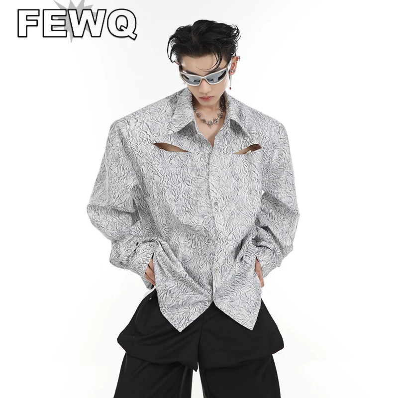 

FEWQ Fashion Male Hollow Out Shirts Niche Threedimensional Texture Shoulder Pad Tops Fashion Men Printing Long Sleeve Tops 9C325