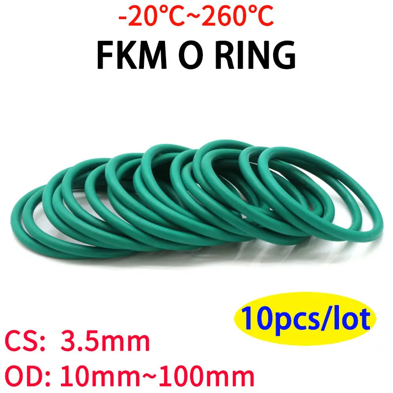 

10Pcs CS 3.5mm OD 10~100mm Green FKM Fluorine Rubber O Ring Sealing Gasket Insulation Oil High Temperature Resistance Green